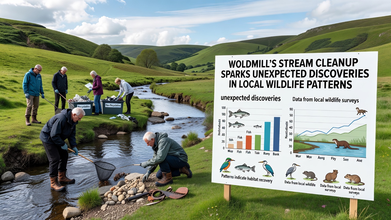 Close-up view of restored Woldmill stream section with visible fish activity and new vegetation growth
