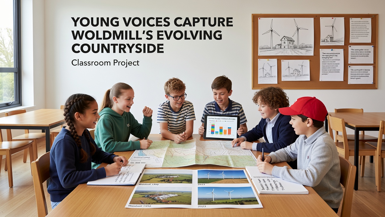 Classroom session where students review collected data on countryside changes near Woldmill